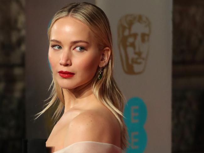 Jennifer Lawrence poses on the red carpet upon arrival at the BAFTA Awards in London. Picture: AFP/Daniel Leal-Olivas