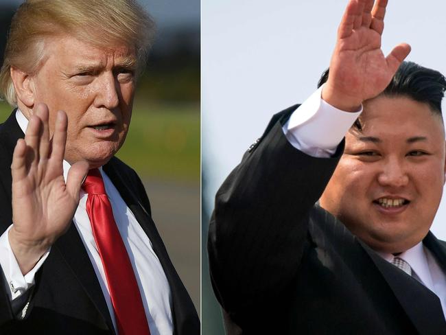 Donald Trump at Morristown, New Jersey, Municipal Airport on September 15, 2017; and Kim Jong-un waving following a military parade in Pyongyang on April 15, 2017. Picture: AFP.