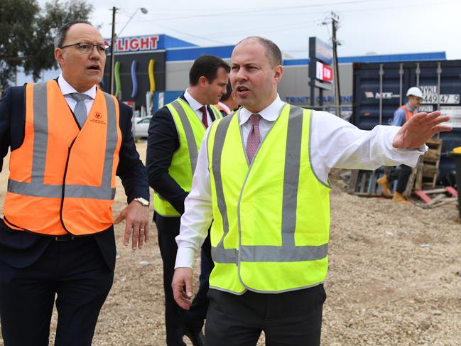 ADELAIDE, AUSTRALIA - NewsWire Photos October 15,  2020: Treasurer of the Liberal party Josh Frydenberg is seen with Minister for Recreation and Sport Corey Wingard  at a Magill road construction site, during a visit to Adelaide. Picture: NCA NewsWire / David Mariuz