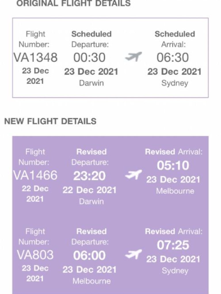 Her initial flight on Wednesday morning was rescheduled to Wednesday night, but she found out it was cancelled about 24 hours before she was due to leave. Picture: Supplied