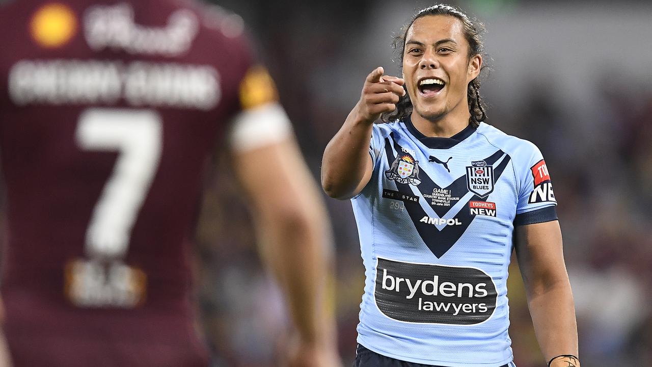 TOWNSVILLE, AUSTRALIA - JUNE 09: Jarome Luai of the Blues points at Daly Cherry-Evans of the Maroons during game one of the 2021 State of Origin series between the New South Wales Blues and the Queensland Maroons at Queensland Country Bank Stadium on June 09, 2021 in Townsville, Australia. (Photo by Ian Hitchcock/Getty Images)