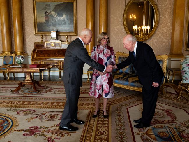 The King welcomes Canadian dignitaries to Buckingham Palace, meeting with Joan Marie Aylward, the Lieutenant Governor of Newfoundland and Labrador, and her partner Carl Thompson. Picture: Getty Images