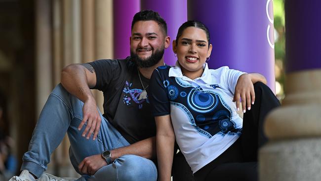 Indigenous students Lachlan Bon, 25, and Anjelika Wittkopp, 20, believe more needs to be done to help disadvantaged First Nations children. Picture: Lyndon Mechielsen