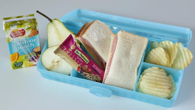 This white bread/juice box/energy bar/potato chips combo is a crime against lunch boxes. And is that ham even nitrate free? Photographer: Liam Kidston.