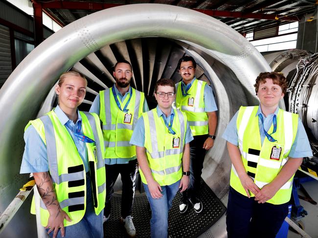 Qantas is opening its first engineering academy in Brisbane at a time when demand for aircraft maintenance is soaring.  L to R, Alex Hodgson, Tyson Hersee, Liam Clements, Jaxon Reihana, Alysha Paterson, at Aviation Australia, Aviation training institute,  Brisbane Airport QLD - on Friday 17th January 2025 - Photo Steve Pohlner/Qantas