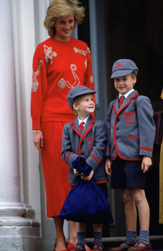 Princess Diana with Prince William and Prince Harry on the first day of school for Harry. Picture: Tim Graham/Getty Images