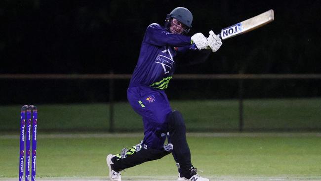 Luke McAvoy bats in the first Barrier Reef Big Bash T20 cricket match of the 2023 season, held between the Halpins Hurricanes and the Designer Homes Dare Devils at Griffiths Park, Manunda. Picture: Brendan Radke