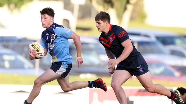 Titans Schools League rugby league clash between Aquinas (Red/Black) vs. Marymount (Blue) at Southport Tigers Rugby League Club. Henry Mellick scores a try. 24 May 2021 Southport Picture Richard Gosling