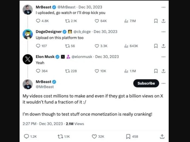 Elon Musk replied to MrBeast's post on X.