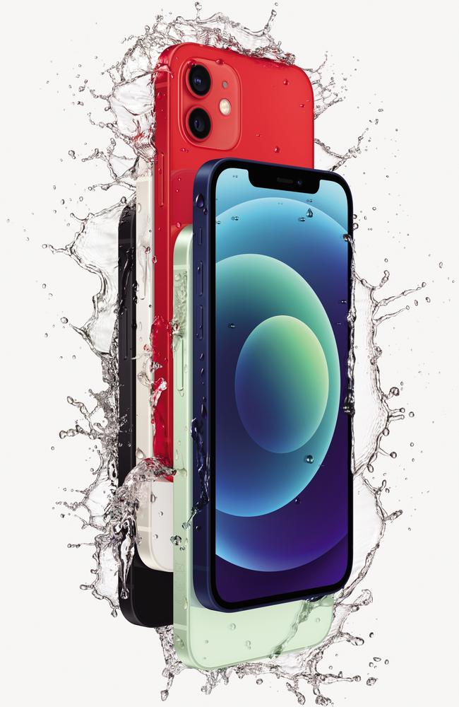 Apple promises that its iPhone 12 handsets have “ceramic shield” screens and are water-resistant to 6m. Picture: Apple