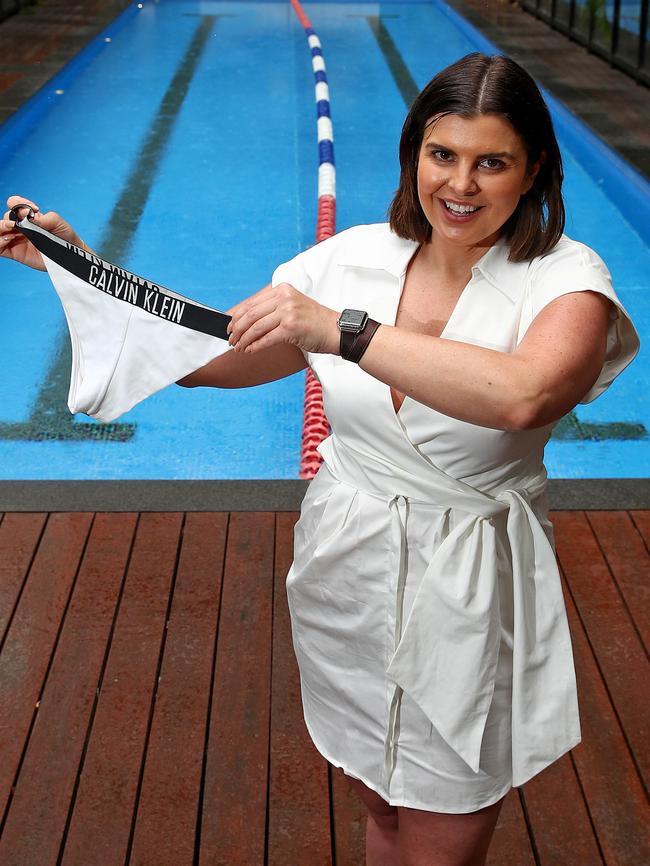 Kristy Miller, 39, says she was left humiliated and embarrassed when asked by building security guard cover up her cheeky bikini bottoms in shorts as she was sun baking by the pool at her Zetland apartment complex. Picture: Toby Zerna