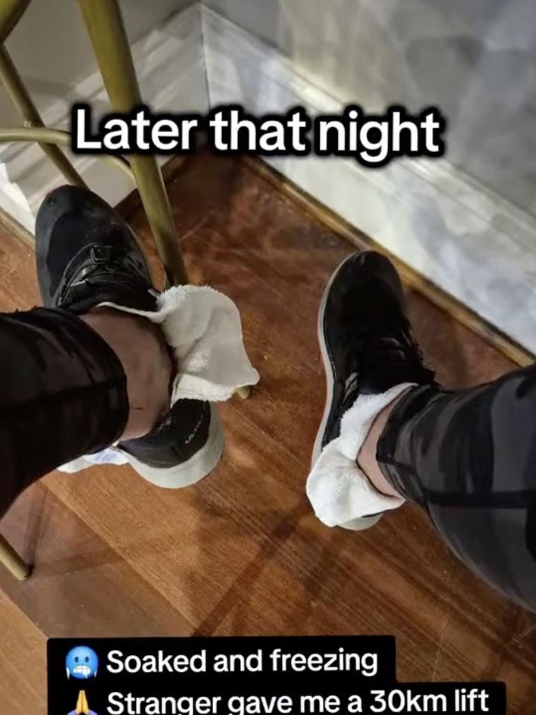 Peter used some tea towels as makeshift socks so he could get into the pub for a meal.