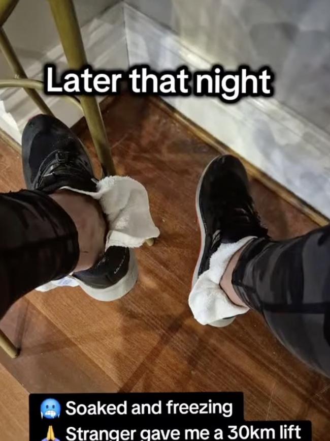 Peter used some tea towels as makeshift socks so he could get into the pub for a meal.