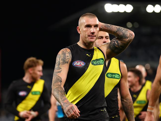 Dustin Martin walks off the ground after Richmond’s loss to Geelong. Picture: Graham Denholm/Getty Images)