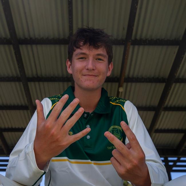 Will Mortimer after snaring seven wickets. AIC First XI cricket between St Patrick's College and St Peters Lutheran College photos by Stephen Archer