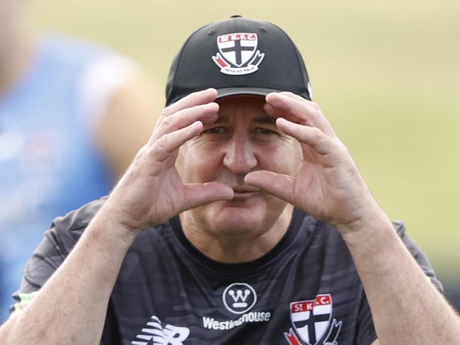 MELBOURNE, AUSTRALIA - MARCH 14: Ross Lyon, Senior Coach of the Saints has fun with the media during a St Kilda Saints AFL training session at RSEA Park on March 14, 2024 in Melbourne, Australia. (Photo by Darrian Traynor/Getty Images)