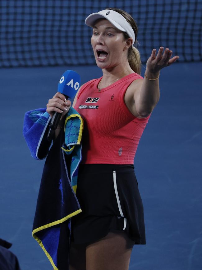 Collins addresses the crowd after her victory. Picture: Michael Klein