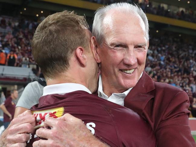 Daly Cherry-Evans hugs Wayne Bennett. Queensland vs New South Wales during game 3 of the State of Origin series in Brisbane.  Pic Peter Wallis