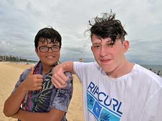 Raymond Morgan, 14, (left) helped to save his mate Cooper Dowie, 15, after he was knocked unconscious while swimming at Mooloolaba Beach. Picture: Warren Lynam