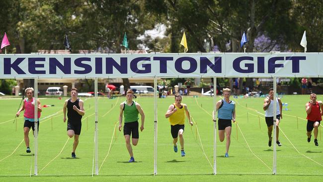 Competitors in a heat for the 120m men’s race at the 2020 Kensington Gift athletics carnival. Picture: Naomi Jellicoe