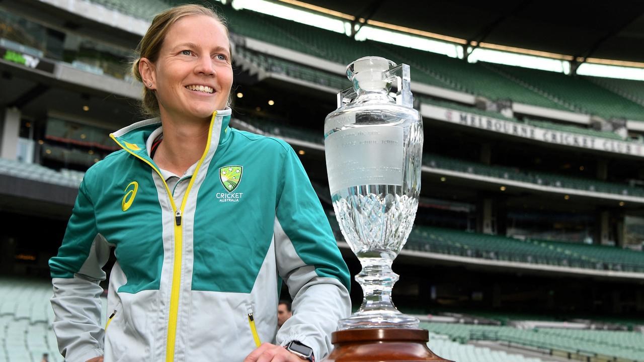 Australia women's cricket captain Meg Lanning poses with the Ashes trophy. Picture: William West/AFP