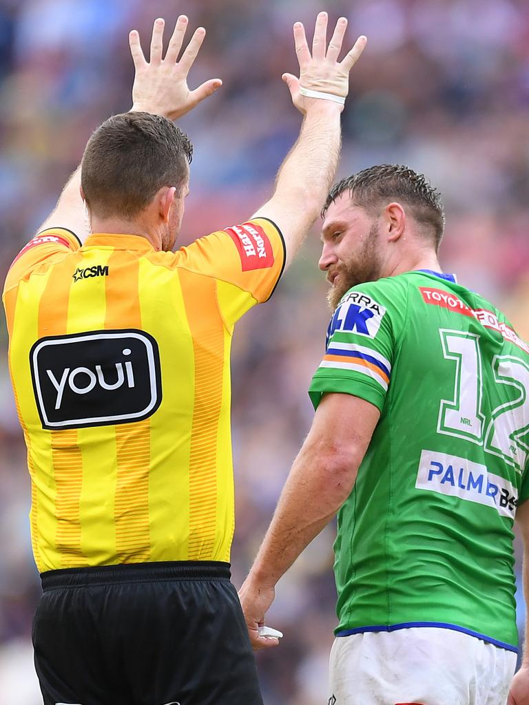 Raiders skipper Elliott Whitehead was sin-binned for the shot and could be facing a stint on the sidelines if suspended. Picture: Getty Images.