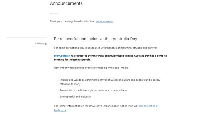 Australia Day message sent by Melbourne University administration to staff. Picture: Supplied