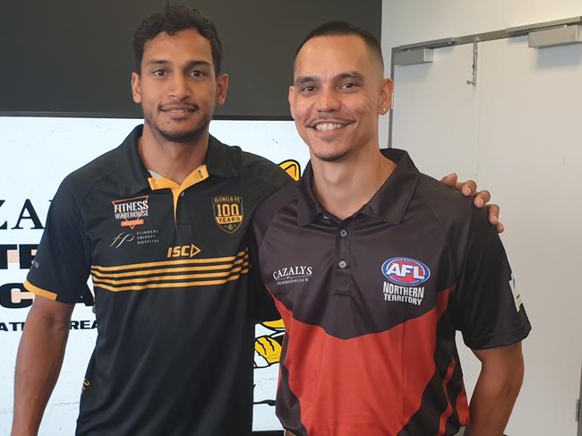 Wanderers teammates but opponents on represenative day. Marlon Motlop (Glenelg) and Braedon McLean (NTFL).