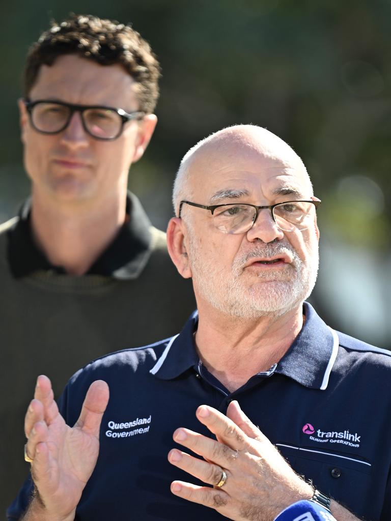 Bart Mellish with Roman Gafa, TransLink busway operations director. Picture: Lyndon Mechielsen