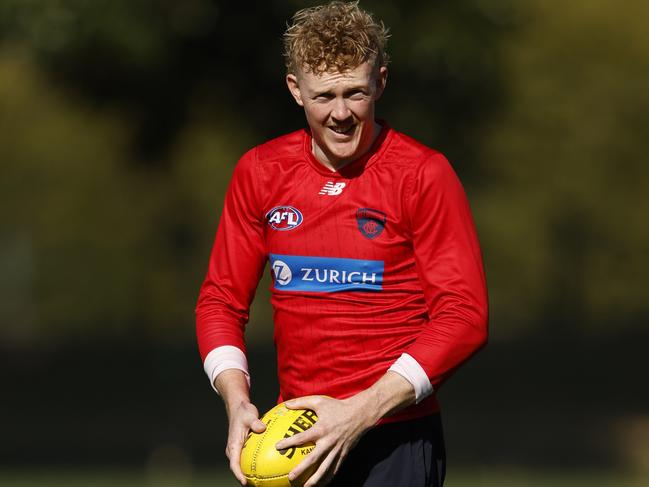 MELBOURNE, AUSTRALIA - MARCH 22: Clayton Oliver of the Demons is seen during a Melbourne Demons AFL training session at Gosch's Paddock on March 22, 2024 in Melbourne, Australia. (Photo by Darrian Traynor/Getty Images)