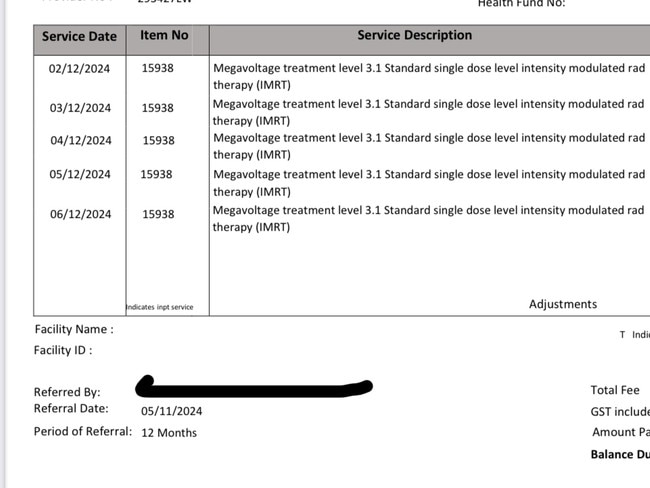 Invoice of Ms Hedges’ weekly radiation treatments. While the treatment is partially covered by Medicare her out of pocket costs for the treatment add up to $740 a week. Source: Supplied by Amanda Hedges