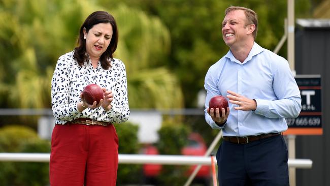 Ms Palaszczuk and the man she has anointed to replace her as premier, Steven Miles on the election hustings. Picture: NCA NewsWire / Dan Peled