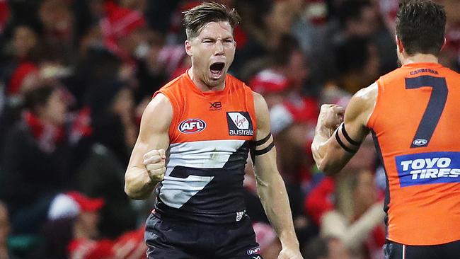 Toby Greene celebrates a goal against Sydney. Picture: Phil Hillyard