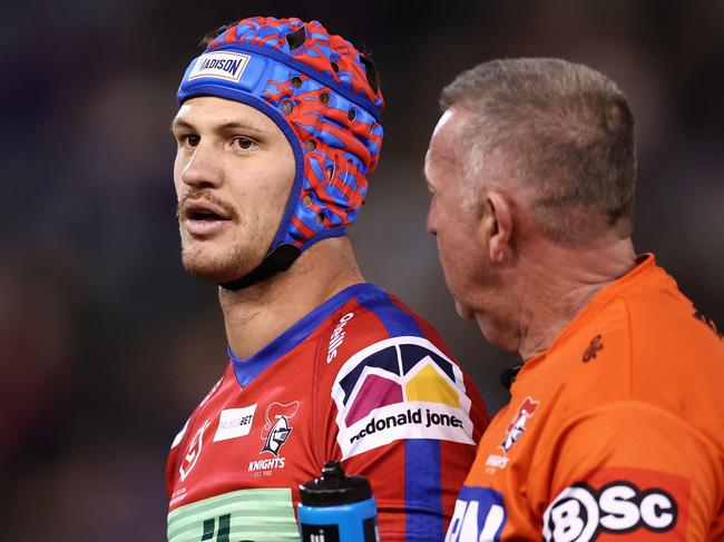 NEWCASTLE, AUSTRALIA - JULY 22: Kalyn Ponga of the Knights receives attention after being tackled high by Matthew Lodge of the Roosters during the round 19 NRL match between the Newcastle Knights and the Sydney Roosters at McDonald Jones Stadium, on July 22, 2022, in Newcastle, Australia. (Photo by Matt King/Getty Images)