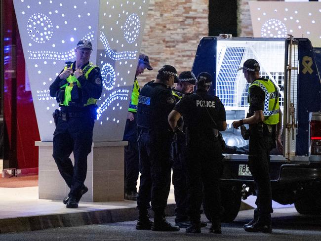 Police patrols overnight at the front of Lasseters Hotel Casino in Alice Springs on March 30, 2024. Picture: Pema Tamang Pakhrin