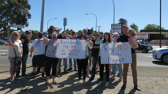 Protesters, including candidate for Newland Olivia Savvas and Tea Tree Gully Council Deputy Mayor Lucas Jones, at the site on Thursday. Picture: Jason Katsaras