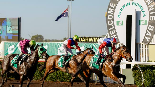 Autocratic, ridden by Jarrod Todd and trained by Gary Clarke, <s1>wins the $50,000 TAB Darwin Guineas at Fannie Bay</s1> on Saturday. Picture: Glenn Campbell