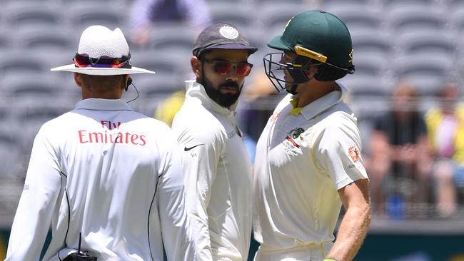 Indian captain Virat Kohli gets in Tim Paine’s face. Picture: AAP