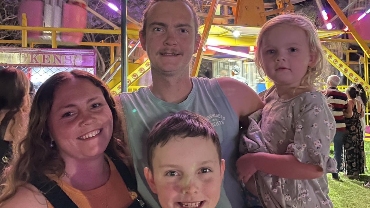 Beth, Brett with kids Novi and Leo Jamison at the Jacaranda festival 2022 in Grafton. Picture: Matt Gazy