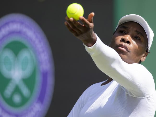 Serena Williams of USA serves during a training session at the All England Lawn Tennis Championships in Wimbledon, London, on Friday, June 28, 2019. The Wimbledon Tennis Championships 2019 will be held in London from  July 1 to  July 14. (Peter Klaunzer/Keystone via AP)