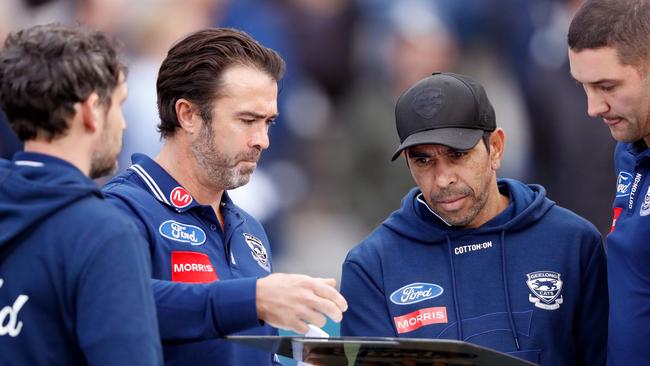 Eddie Betts alongside Chris Scott and Geelong’s other coaches. Picture: Dylan Burns/AFL Photos via Getty Images