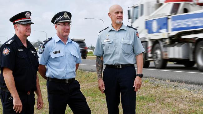 QFES Acting Inspector Patrick McGuire, QPS Superintendent Glenn Morris and QAS Acting Manager of Operations Shane Tucker. Picture: Tony Martin