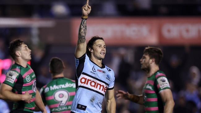 Hynes slotted the field goal to seal victory over Souths last year, but he’ll be missing on Saturday night with a calf injury. Picture; Matt King/Getty Images