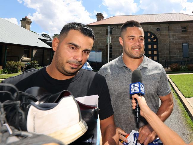 Jarryd Hayne was greeted by two men as he walked out of Cooma Correctional facility. Picture: NCA NewsWire / Gary Ramage.