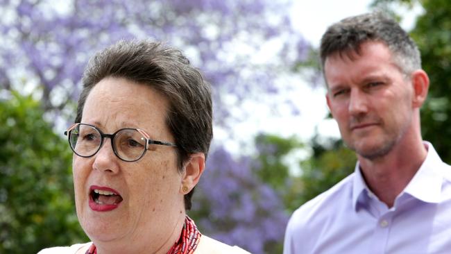 Deputy chief health offficer Dr Lynne McKinlay and Transport Minister Mark Bailey. Picture: Steve Pohlner