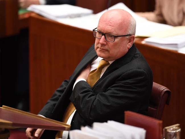 Attoney-General George Brandis reacts after criticising One Nation Senator Pauline Hanson. Picture: AAP