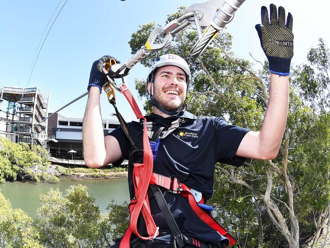 Sunshine Coast Daily journalist Matty Holdsworth tests out Sunshine Plaza’s new high ropes course, which opens on Friday morning. Picture: Patrick Woods.