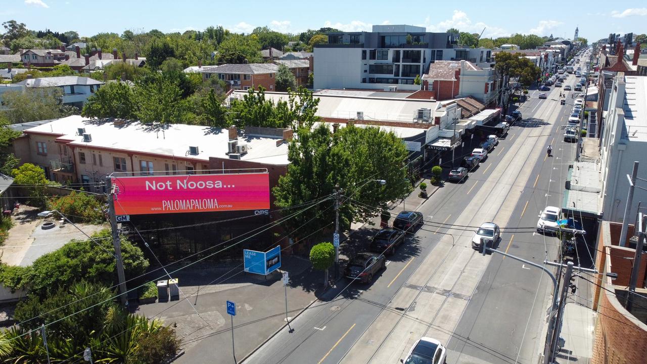 Developers behind the $250m Paloma Paloma have placed billboards proclaiming "Not Noosa" in Melbourne to promote the new unit complex.