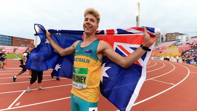 TAMPERE, FINLAND - JULY 11:  Ashley Moloney of Australia celebrates after winning gold in the men's decathlon on day two of The IAAF World U20 Championships on July 11, 2018 in Tampere, Finland.  (Photo by Stephen Pond/Getty Images for IAAF)