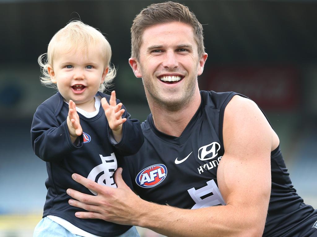 HOLD SUNDAY HERALD SUN. Carlton Football Club veteran Marc Murphy with his son, Max 14mths, celebrate Marc's  250th game milestone in round one against Richmond.   Picture: David Caird